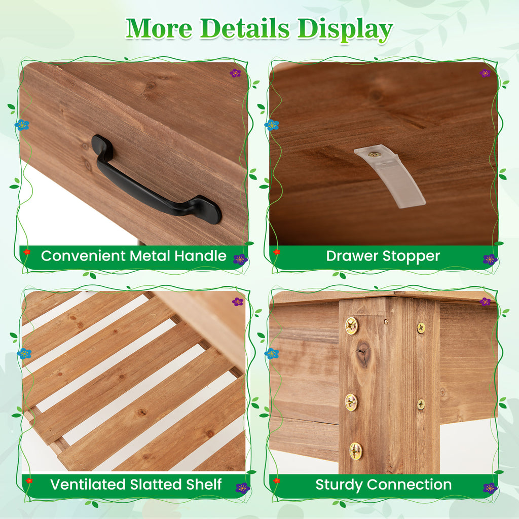 Outdoor Wooden Garden Table Work Station with Storage Shelves and