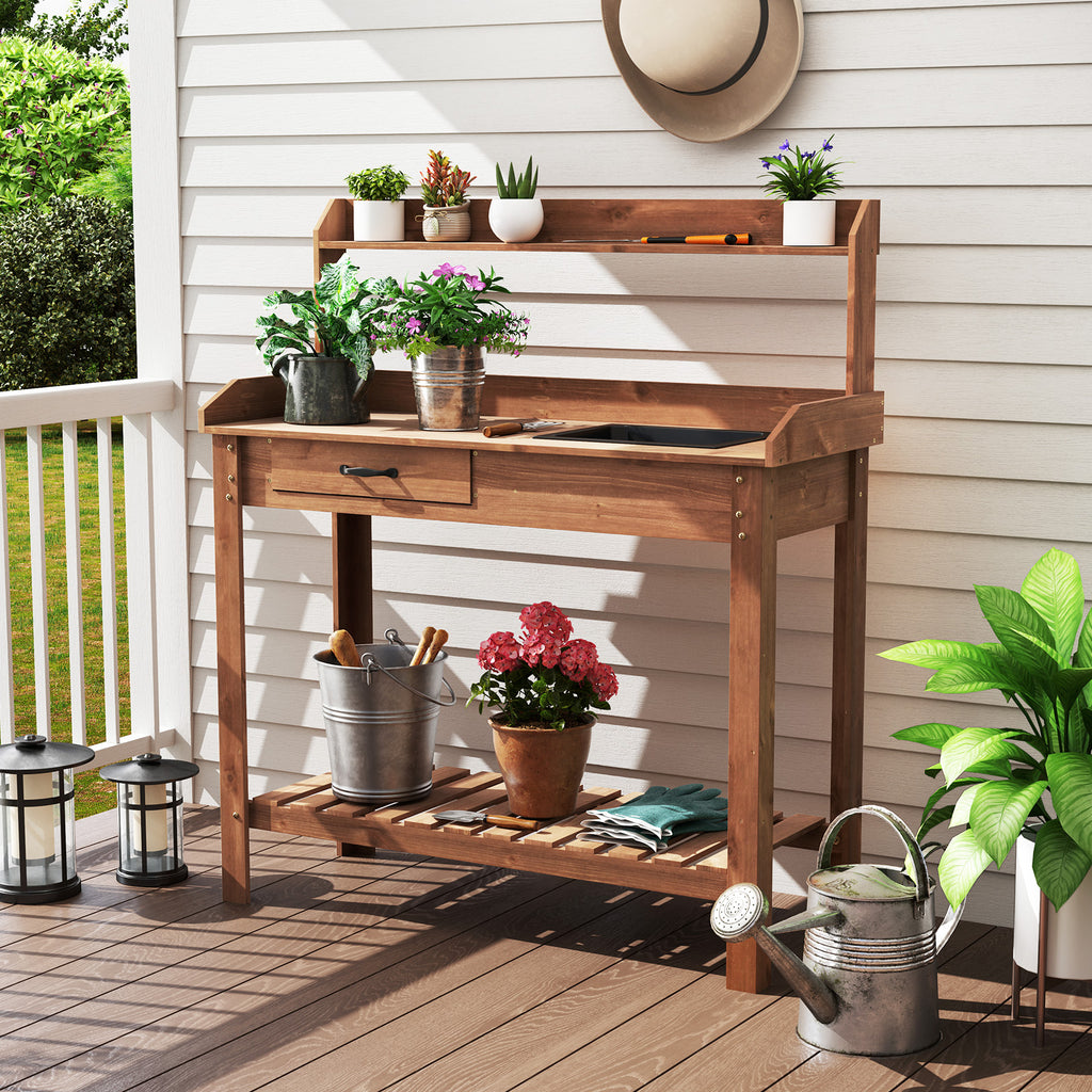 Outdoor Wooden Garden Table Work Station with Storage Shelves and