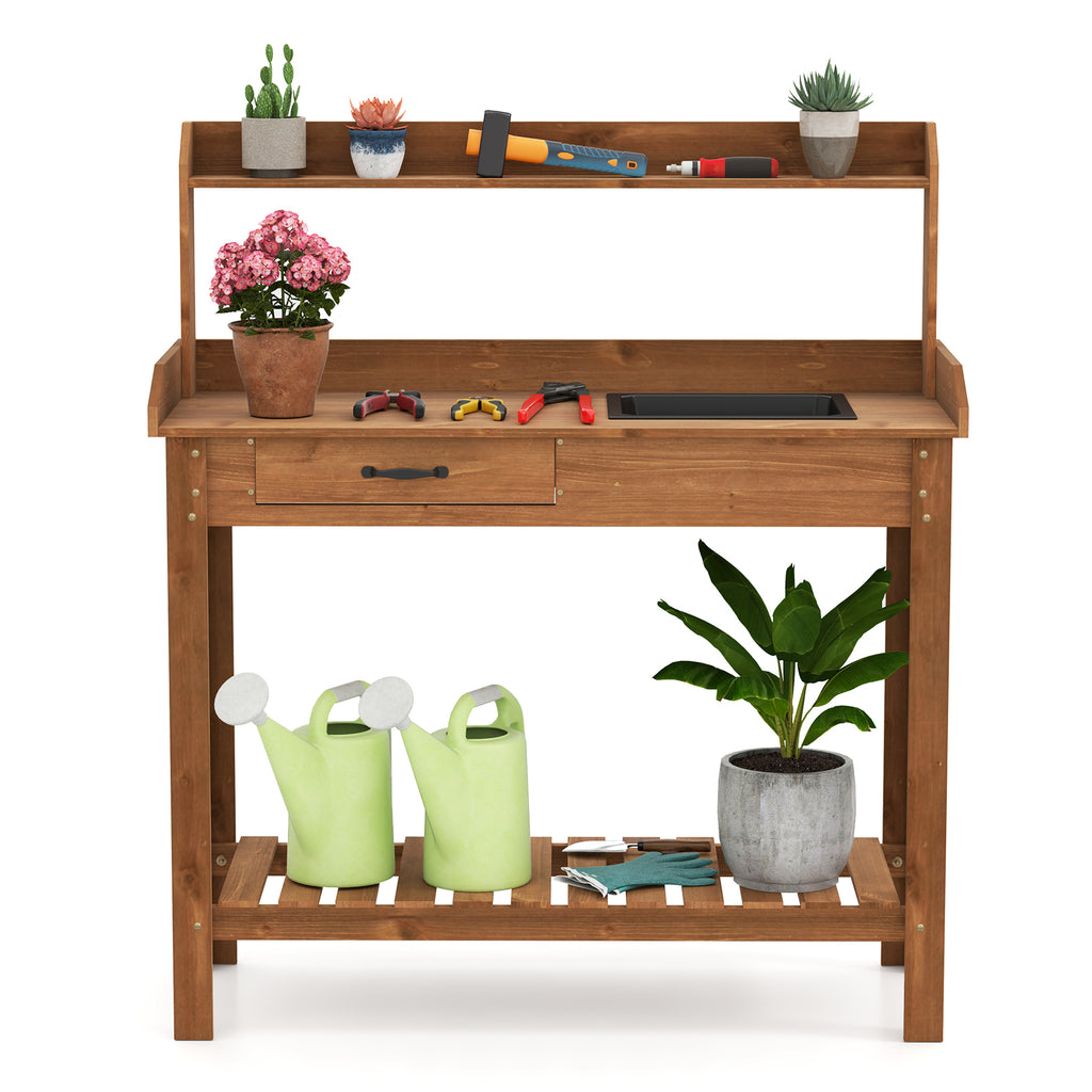 Outdoor Wooden Garden Table Work Station with Storage Shelves and