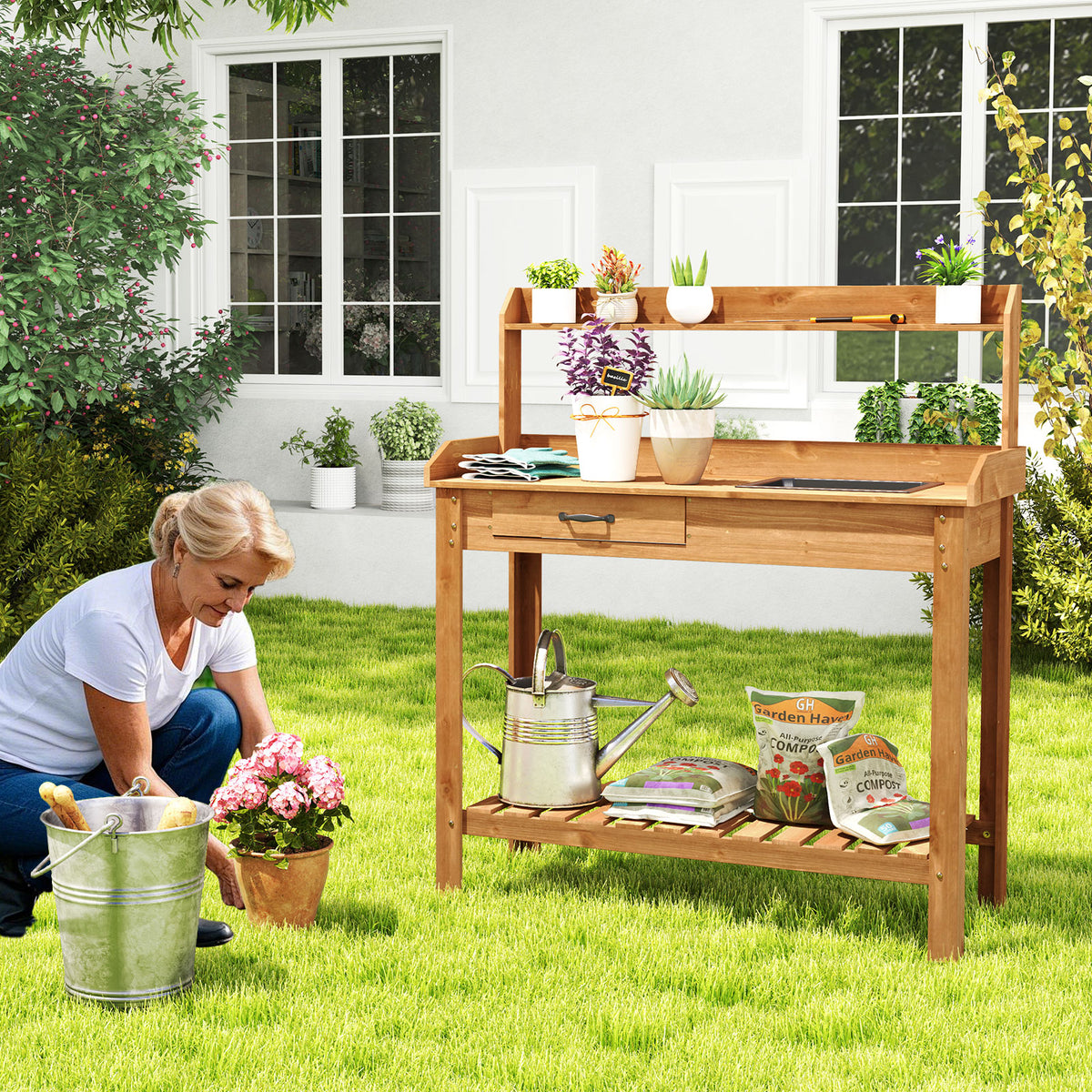 Outdoor Wooden Garden Table Work Station with Storage Shelves and