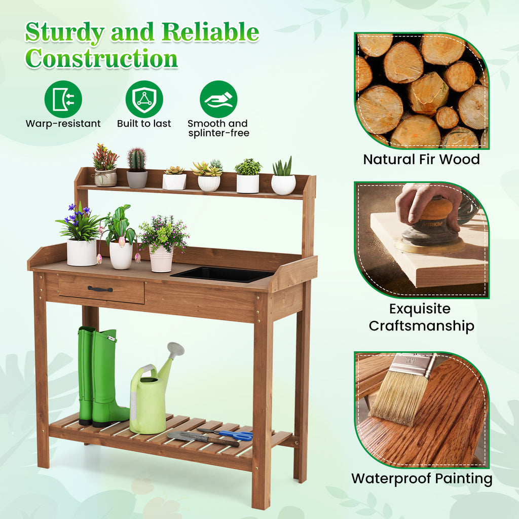 Outdoor Wooden Garden Table Work Station with Storage Shelves and