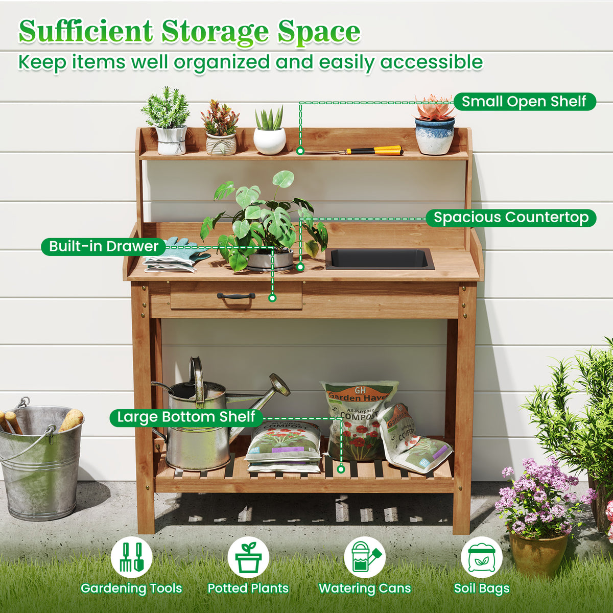 Outdoor Wooden Garden Table Work Station with Storage Shelves and