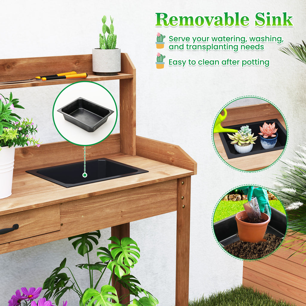 Outdoor Wooden Garden Table Work Station with Storage Shelves and