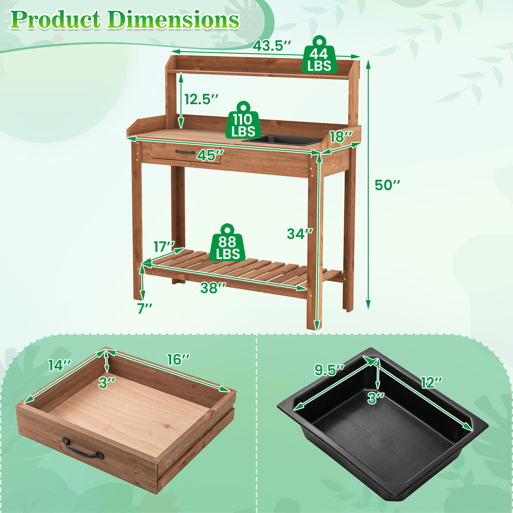 Outdoor Wooden Garden Table Work Station with Storage Shelves and