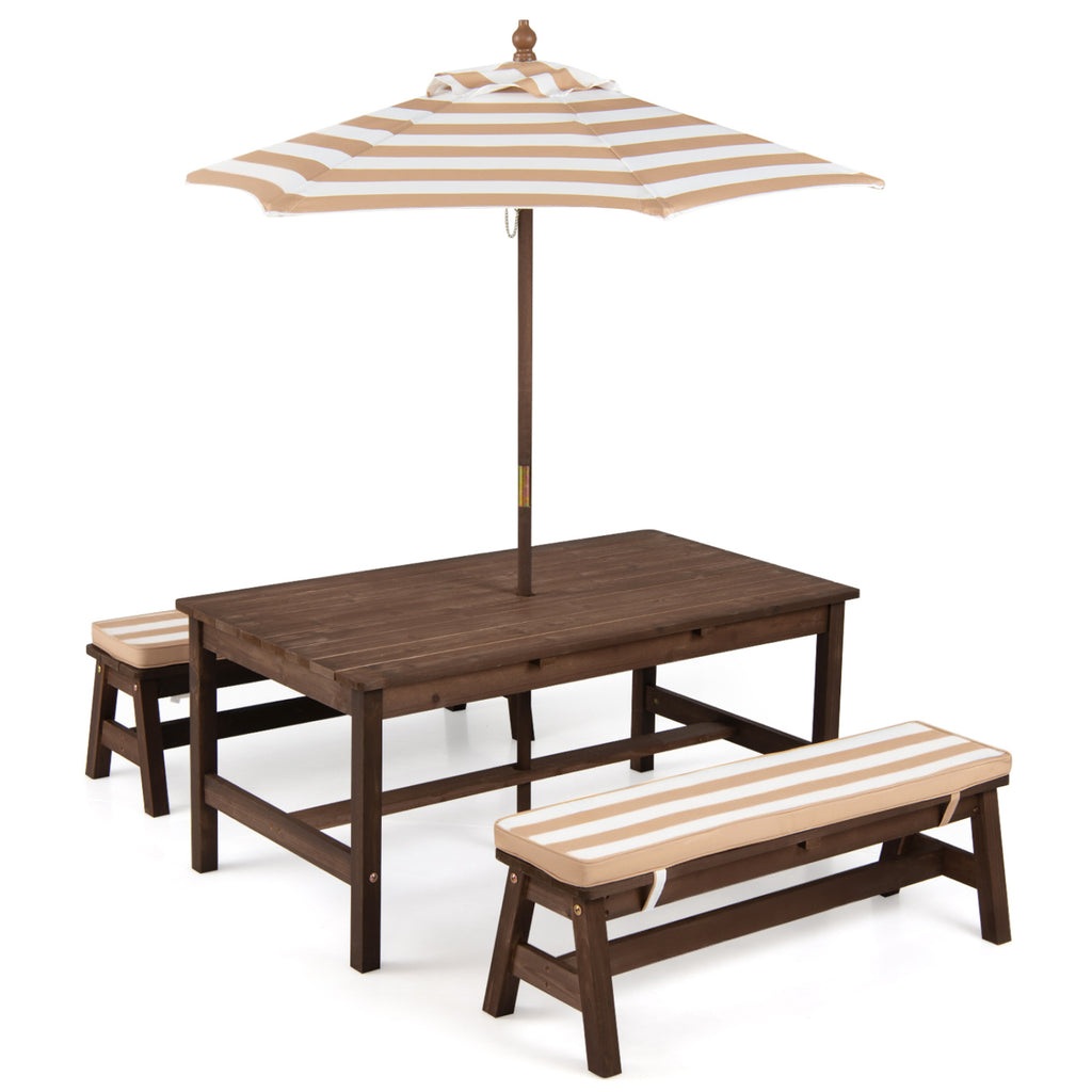 Kids Outdoor Picnic Table with Removable Umbrella and Cushions - 42x23x19 Inch, Coffee