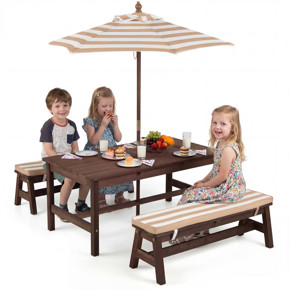 Kids Outdoor Picnic Table with Removable Umbrella and Cushions - 42x23x19 Inch, Coffee