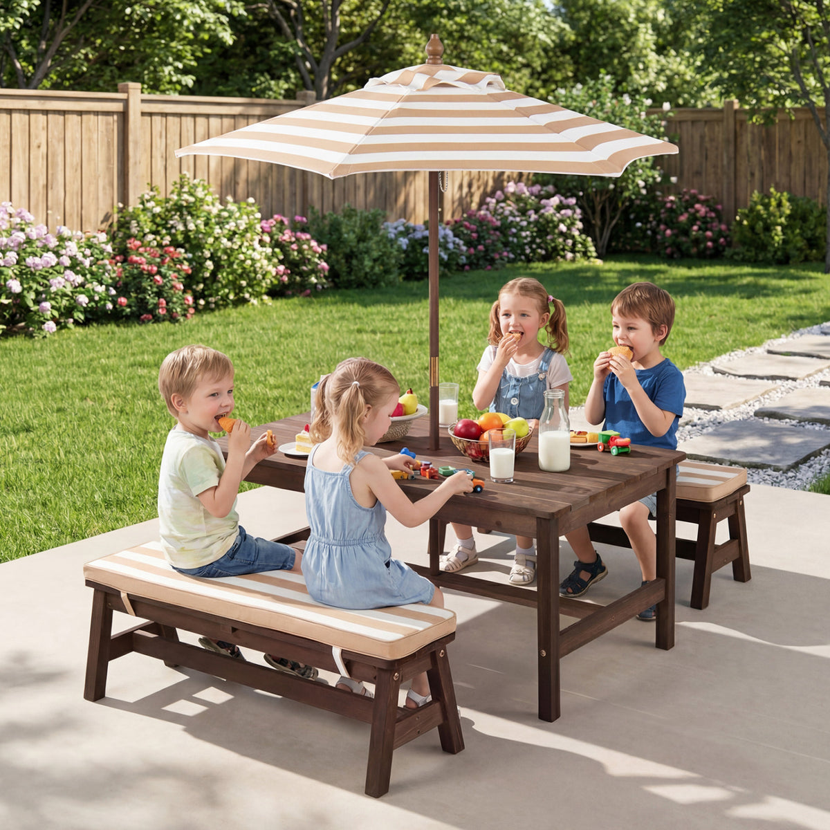 Kids Outdoor Picnic Table with Removable Umbrella and Cushions - 42x23x19 Inch, Coffee