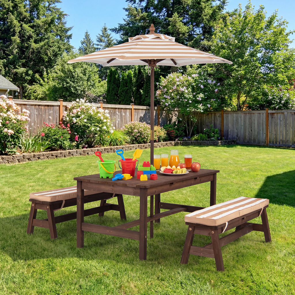 Kids Outdoor Picnic Table with Removable Umbrella and Cushions - 42x23x19 Inch, Coffee