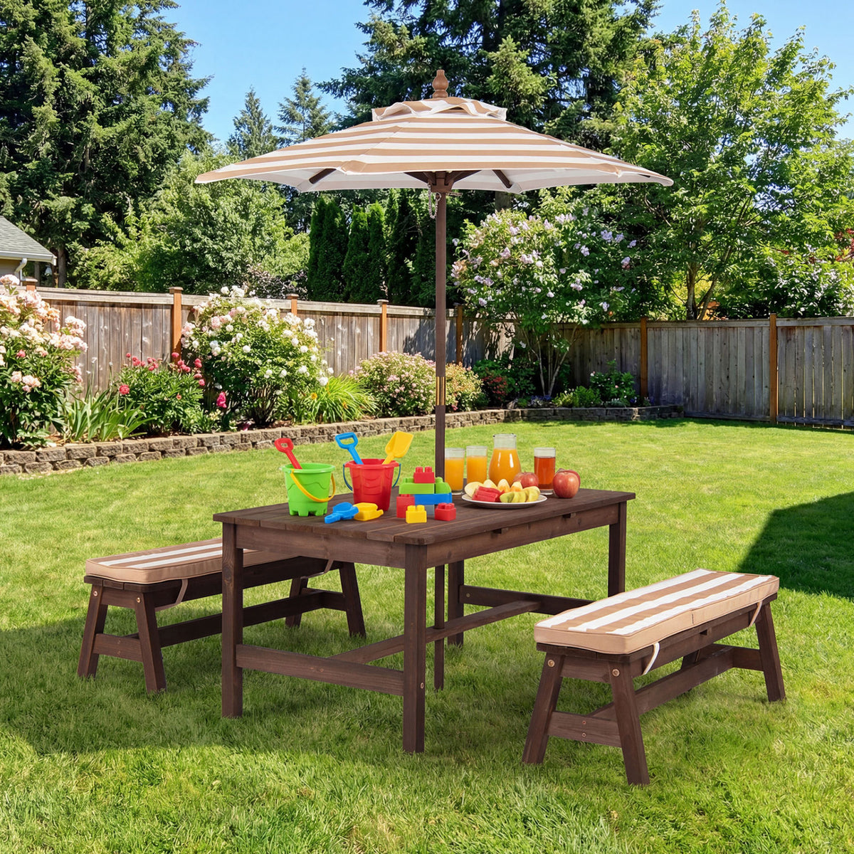 Kids Outdoor Picnic Table with Removable Umbrella and Cushions - 42x23x19 Inch, Coffee