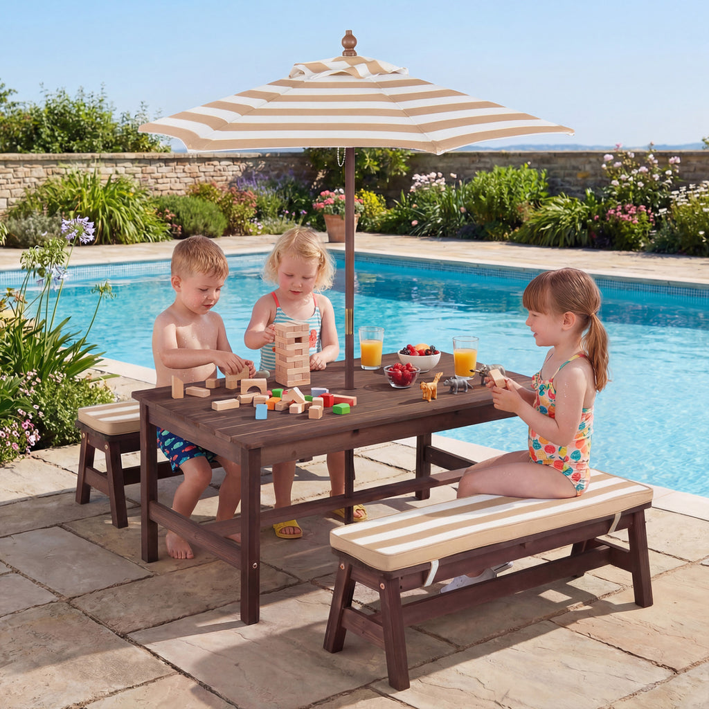 Kids Outdoor Picnic Table with Removable Umbrella and Cushions - 42x23x19 Inch, Coffee