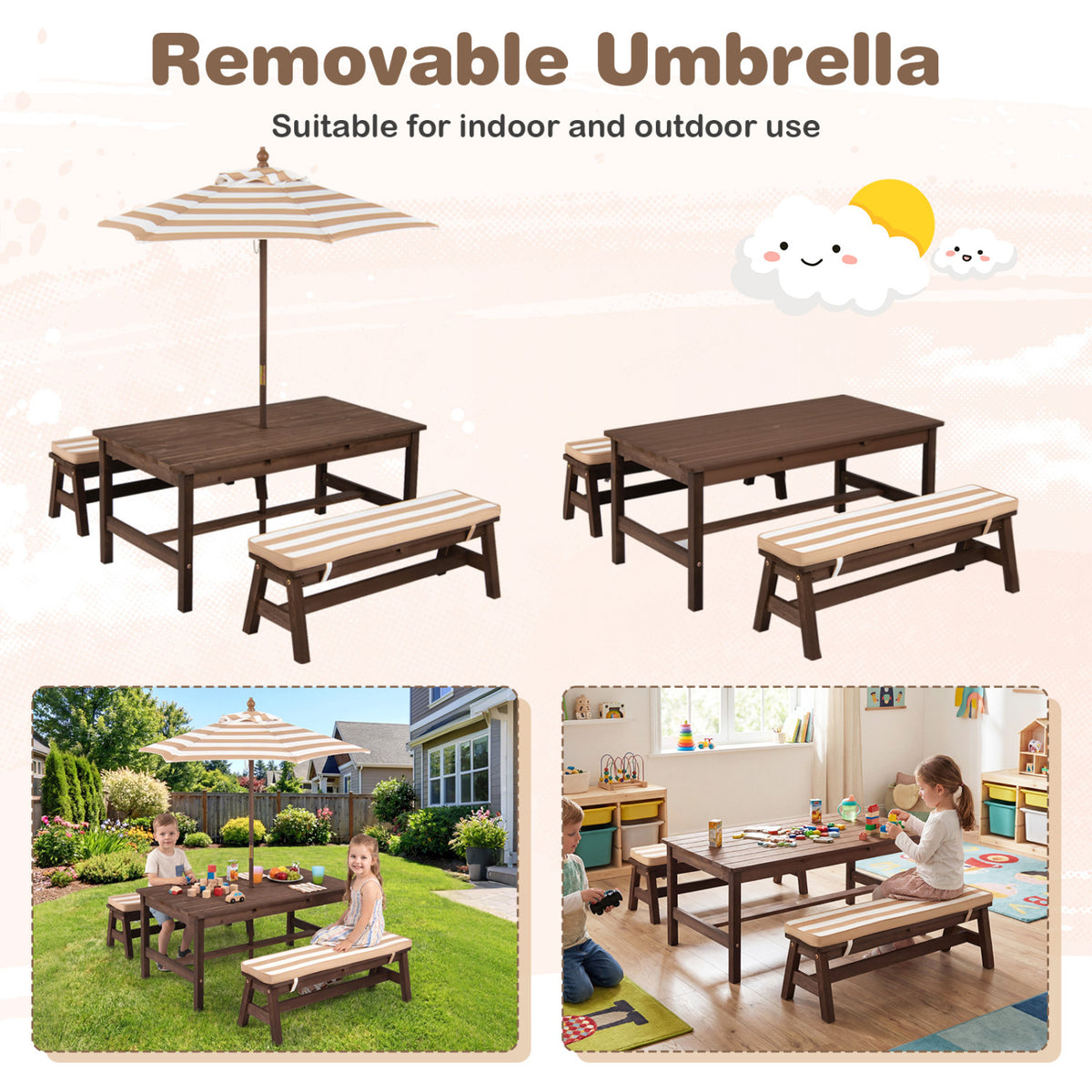 Kids Outdoor Picnic Table with Removable Umbrella and Cushions - 42x23x19 Inch, Coffee