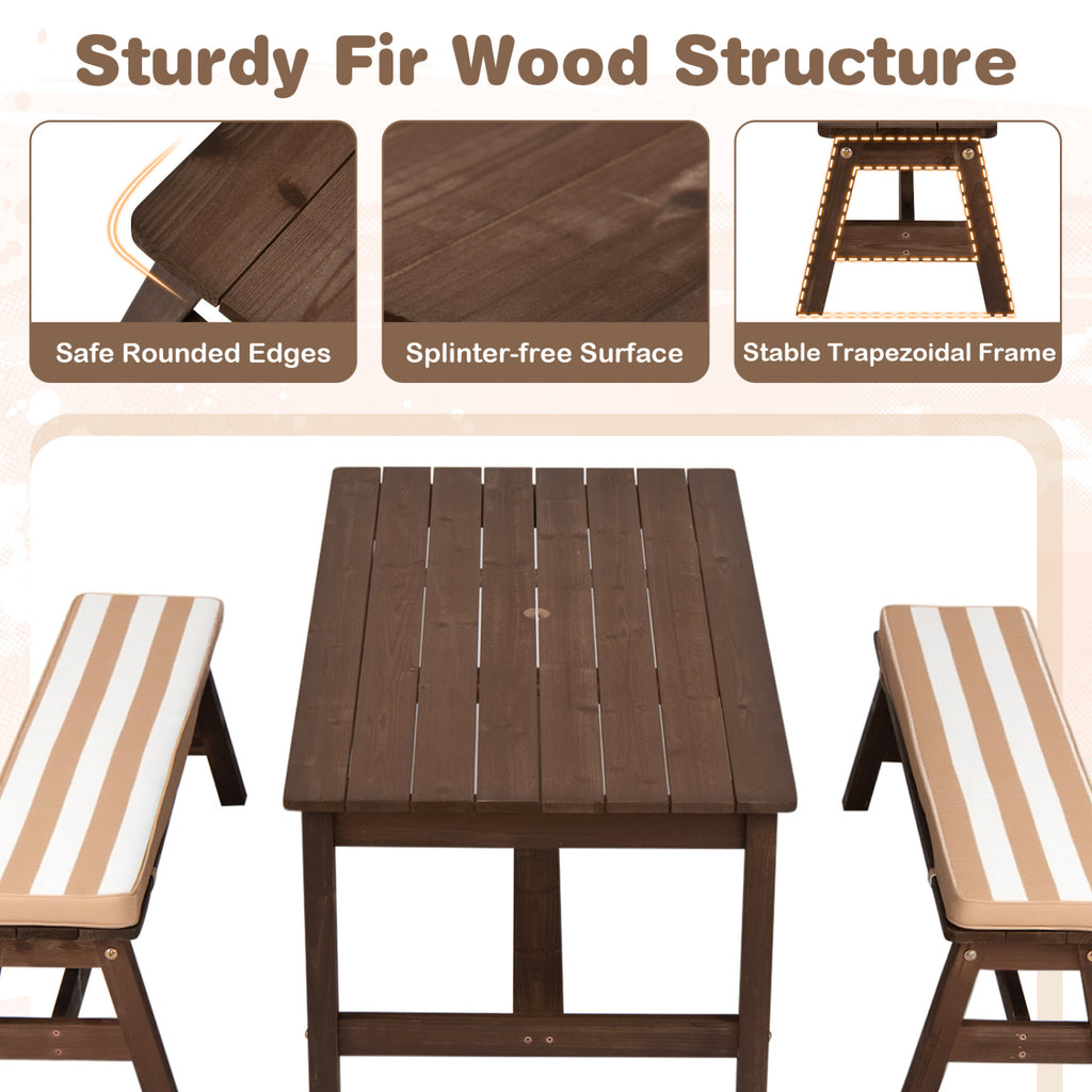 Kids Outdoor Picnic Table with Removable Umbrella and Cushions - 42x23x19 Inch, Coffee
