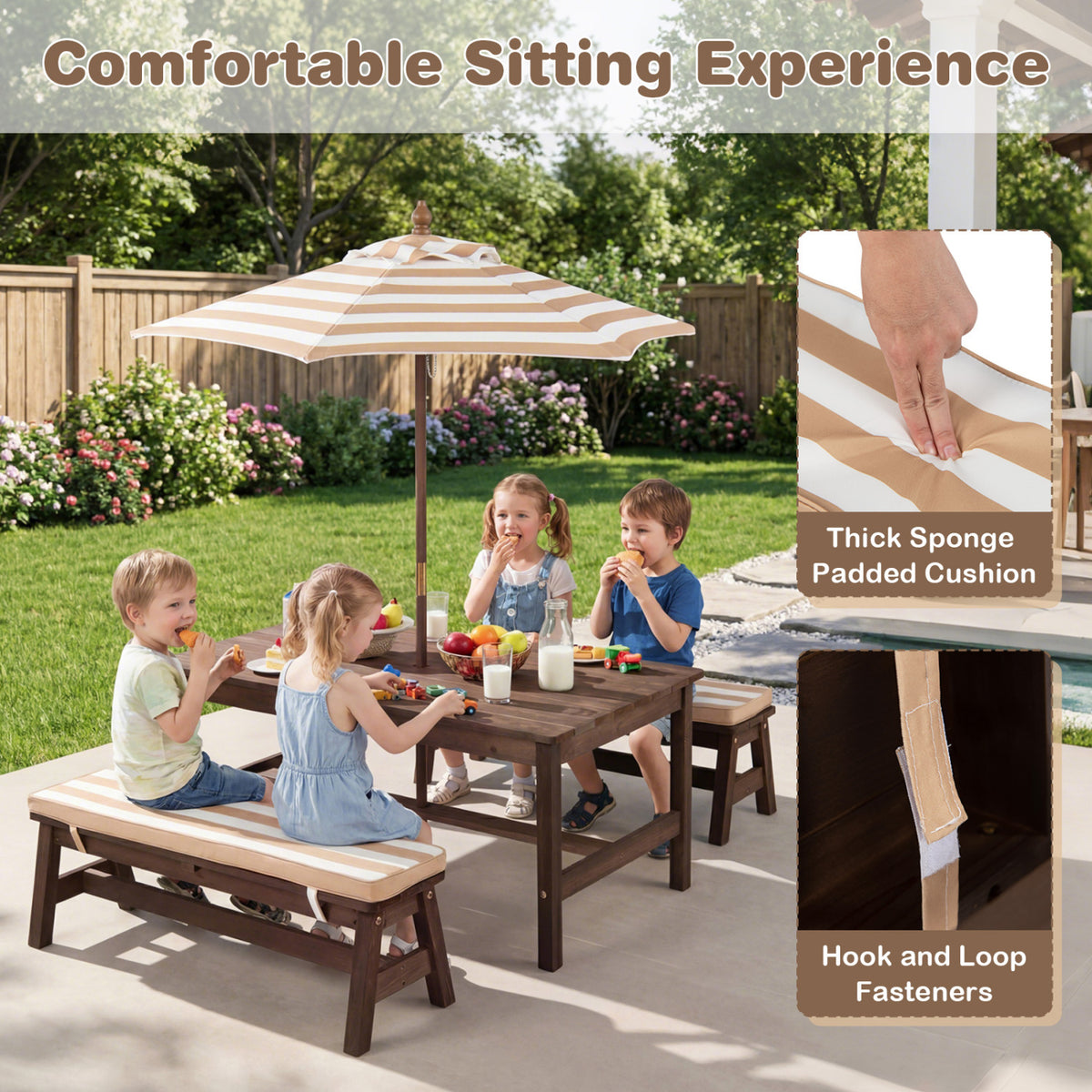 Kids Outdoor Picnic Table with Removable Umbrella and Cushions - 42x23x19 Inch, Coffee