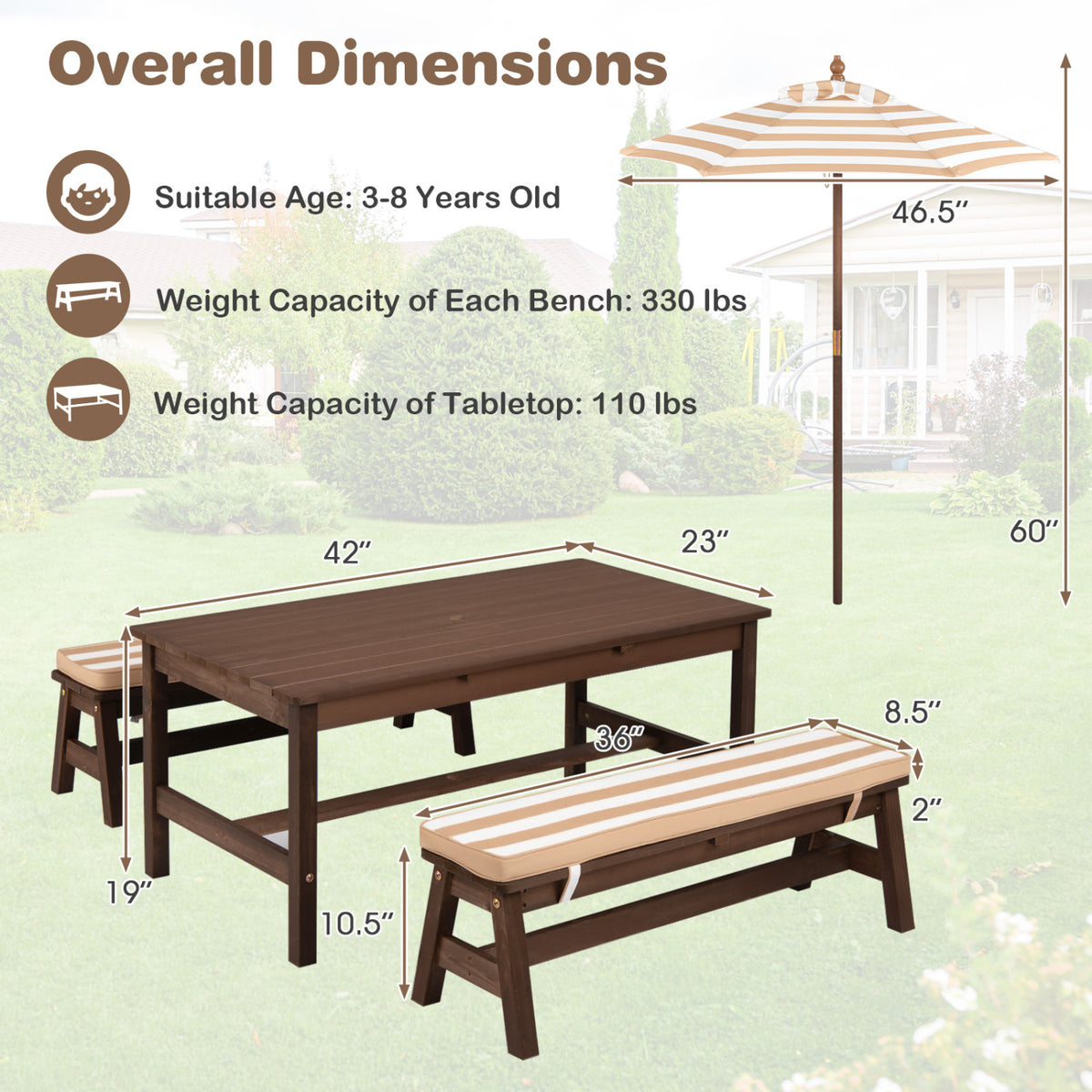 Kids Outdoor Picnic Table with Removable Umbrella and Cushions - 42x23x19 Inch, Coffee