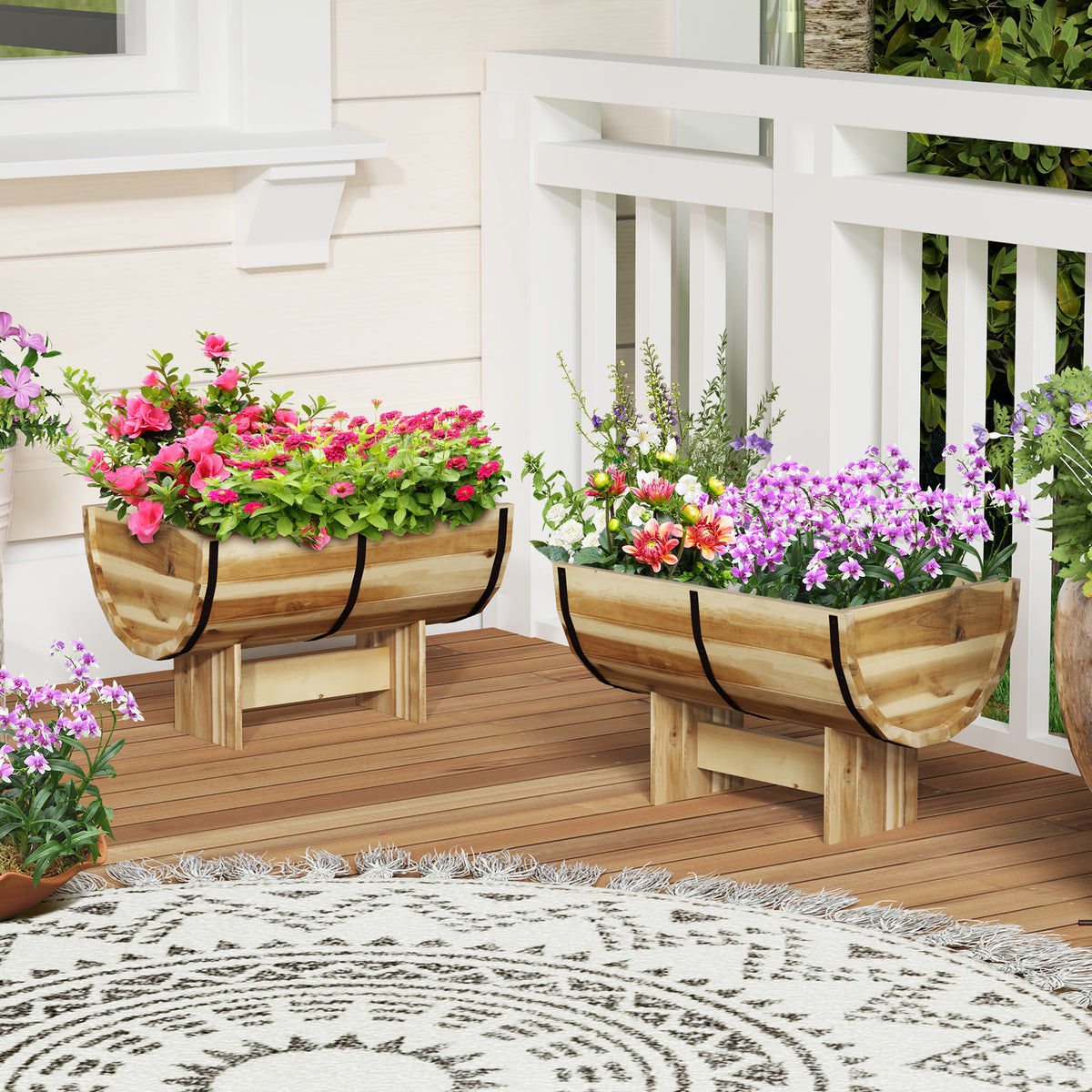 Acacia Wood Planter with Legs – Outdoor Whiskey Barrel