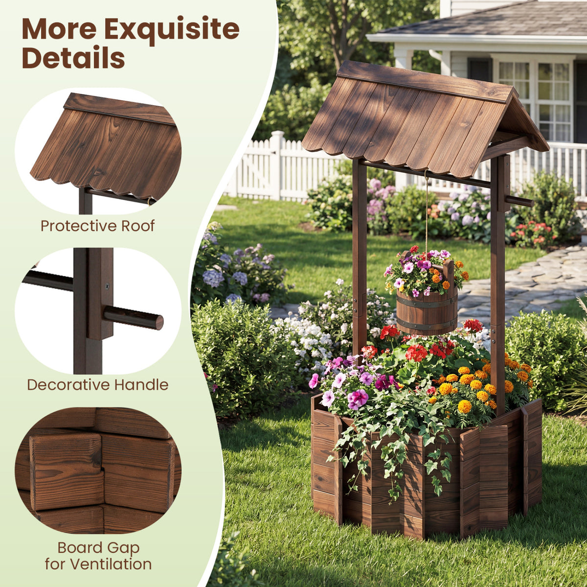 Outdoor Wooden Wishing Well Planter Bucket