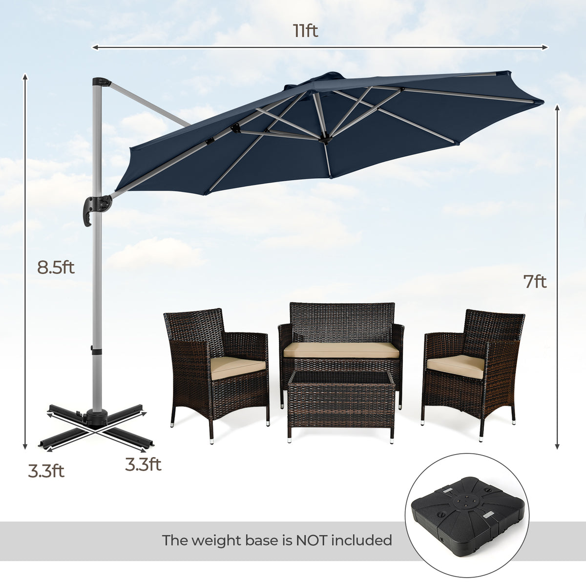 11 FT Patio Umbrella with 360° Rotation and 5-Angle Tilt - Navy