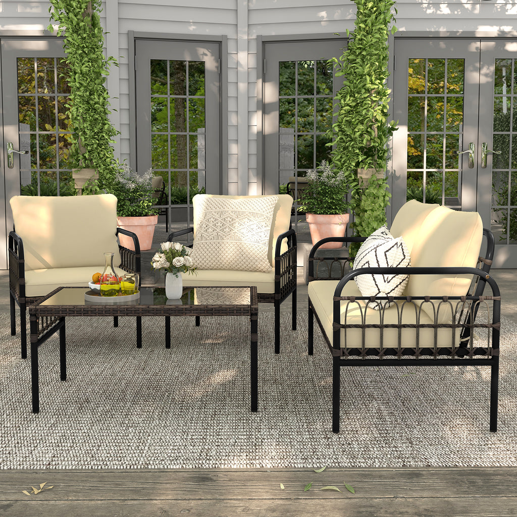 4 Pieces Hand-woven Rustproof Metal Frame Outdoor Wicker Conversation