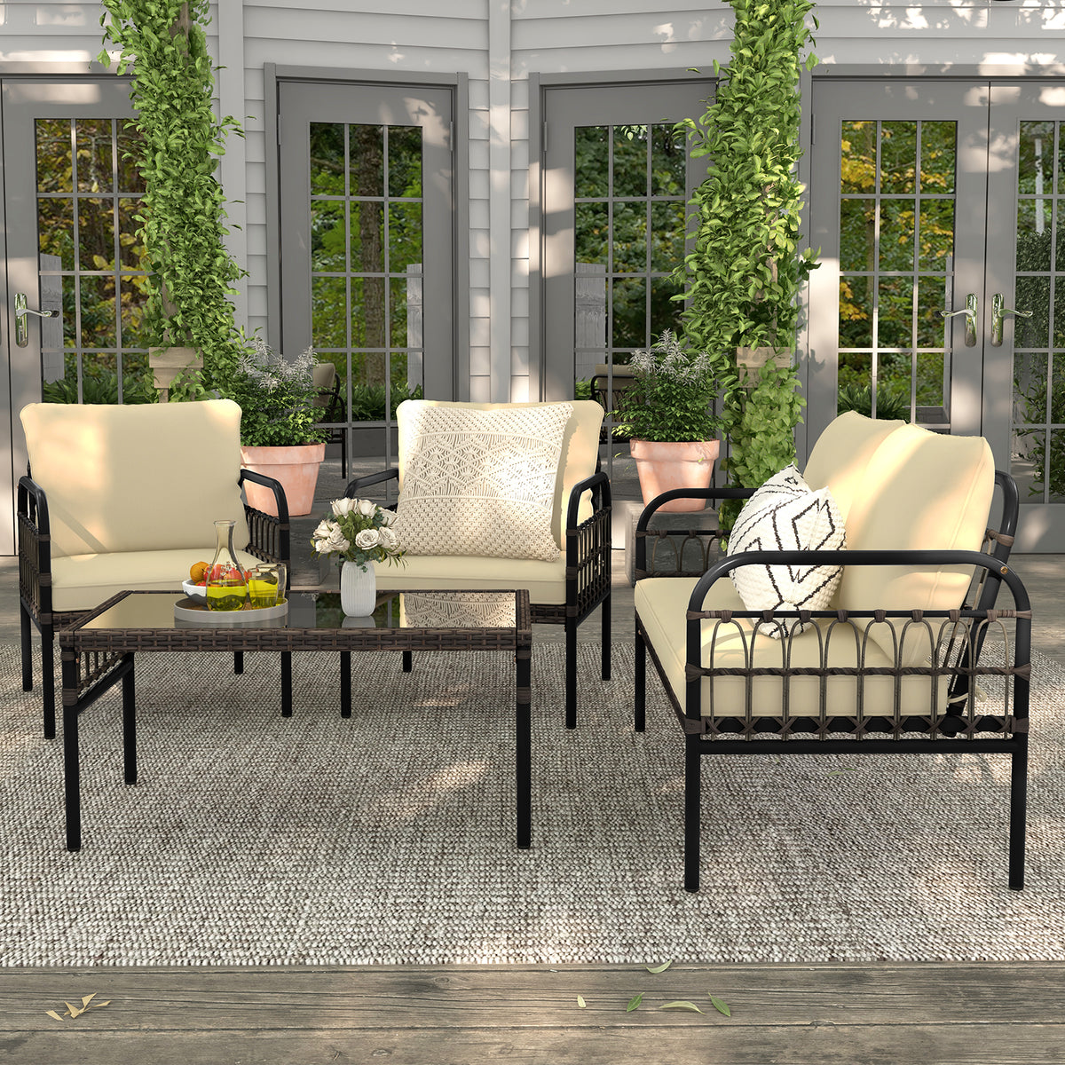 4 Pieces Hand-woven Rustproof Metal Frame Outdoor Wicker Conversation