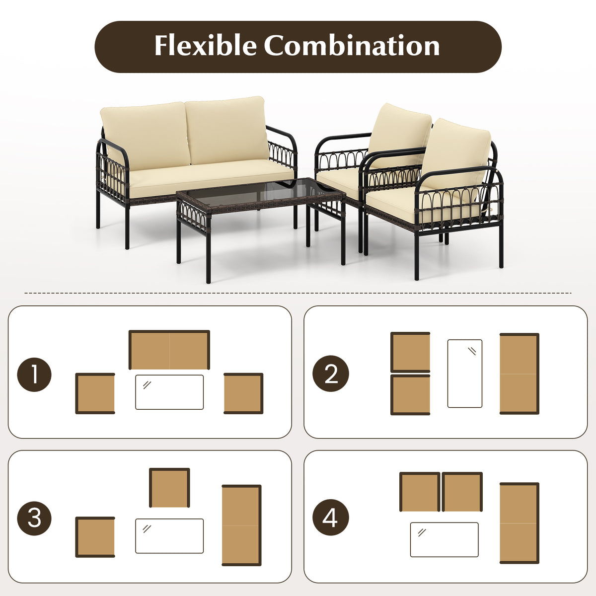 4 Pieces Hand-woven Rustproof Metal Frame Outdoor Wicker Conversation