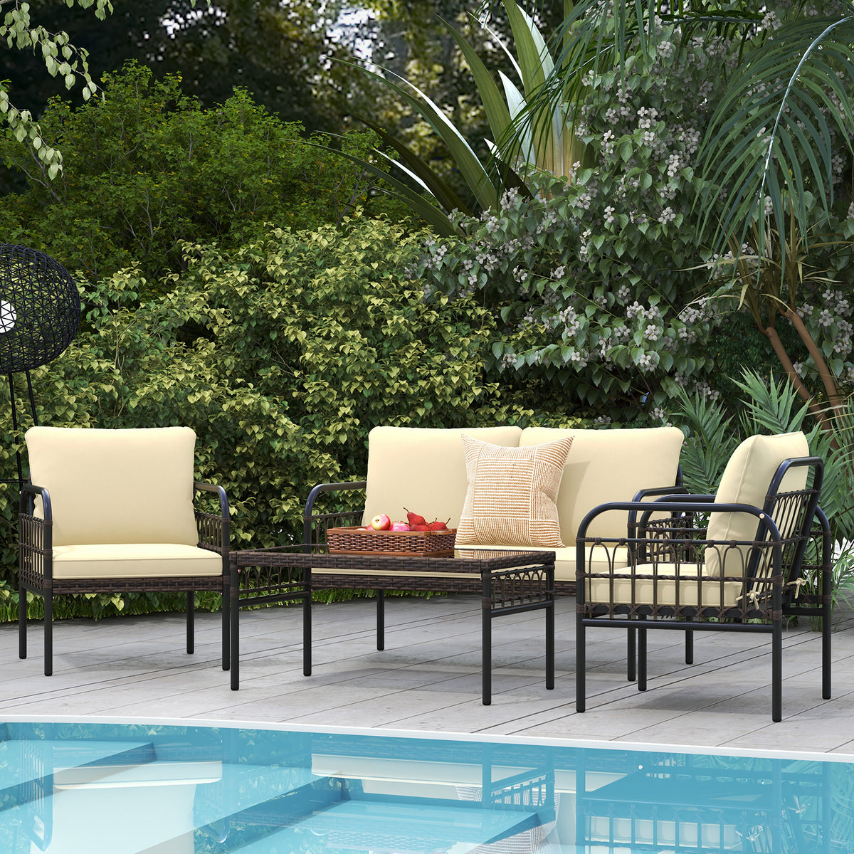 4 Pieces Hand-woven Rustproof Metal Frame Outdoor Wicker Conversation