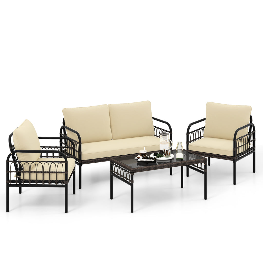 4 Pieces Hand-woven Rustproof Metal Frame Outdoor Wicker Conversation