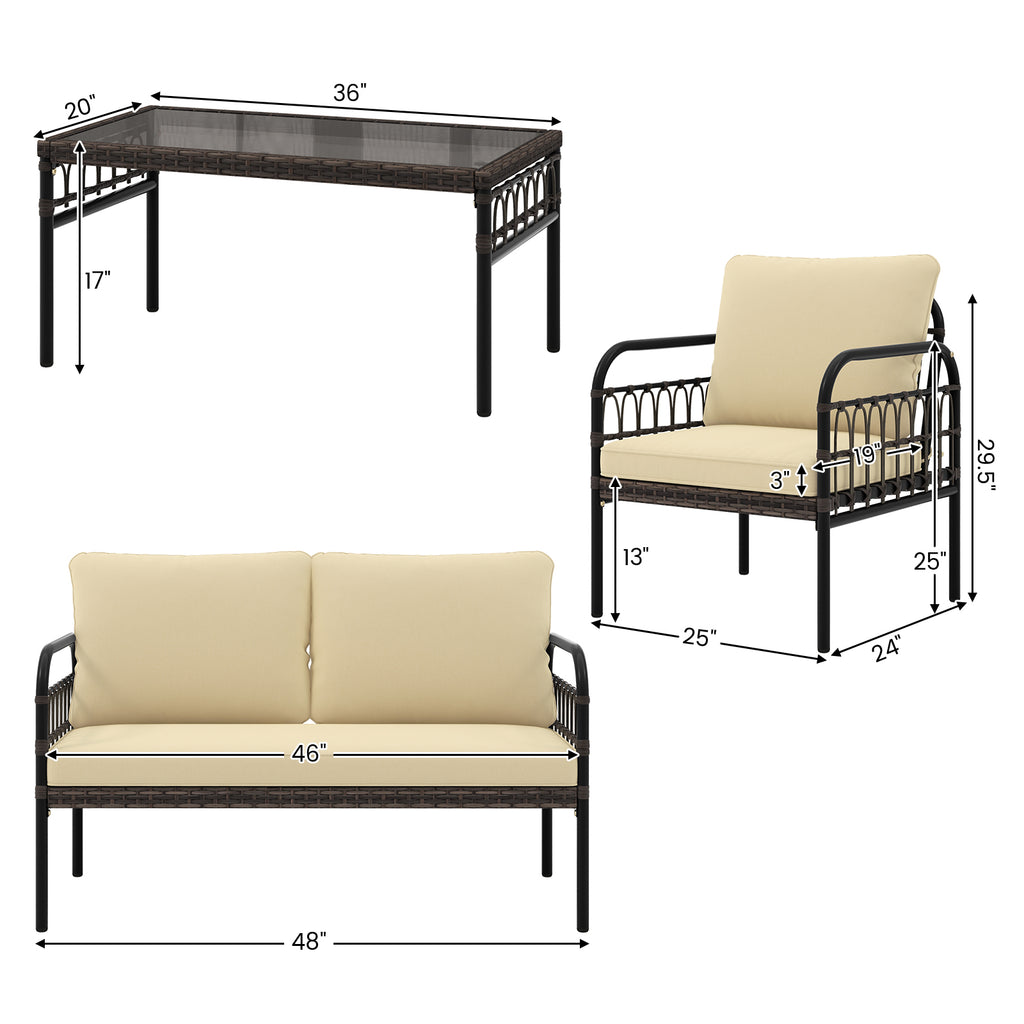 4 Pieces Hand-woven Rustproof Metal Frame Outdoor Wicker Conversation
