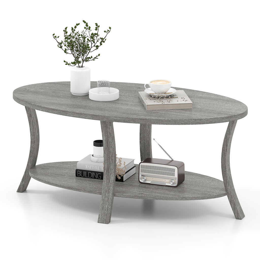 Oval Coffee Table 2-Tier Storage Shelf - Gray