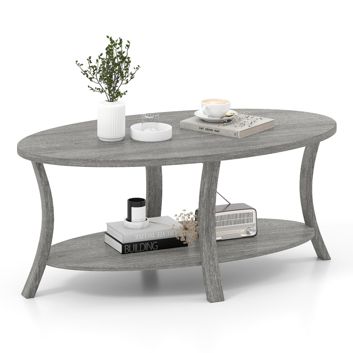 Oval Coffee Table 2-Tier Storage Shelf - Gray