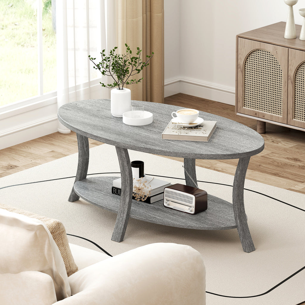Oval Coffee Table 2-Tier Storage Shelf - Gray