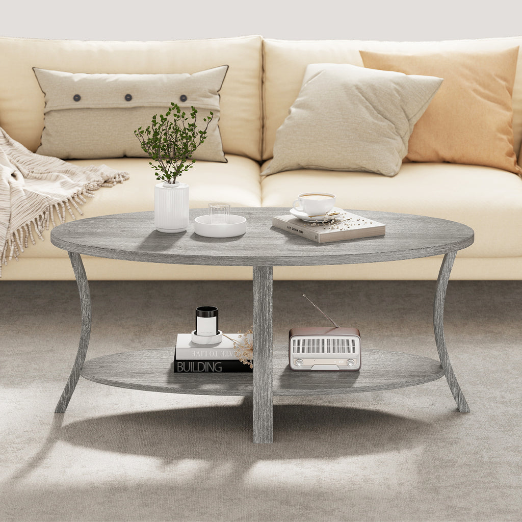 Oval Coffee Table 2-Tier Storage Shelf - Gray