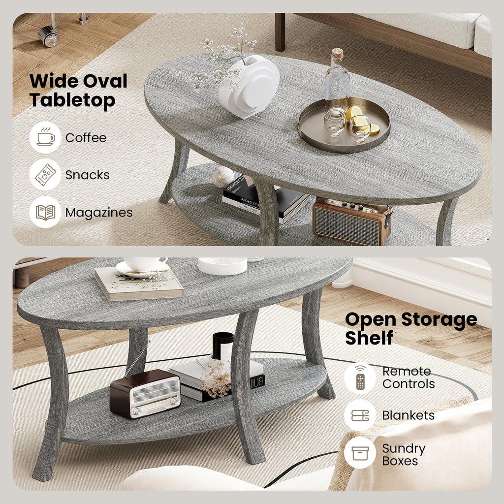 Oval Coffee Table 2-Tier Storage Shelf - Gray