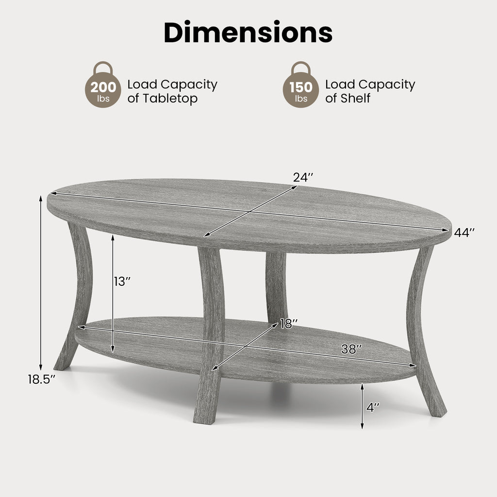 Oval Coffee Table 2-Tier Storage Shelf - Gray