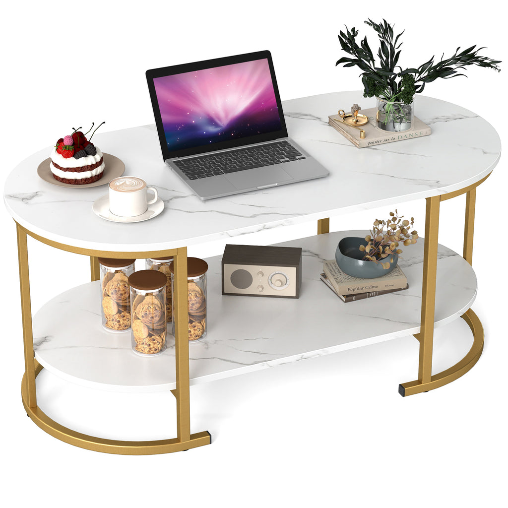 Oval Coffee Table 2-Tier with Storage Shelf - White