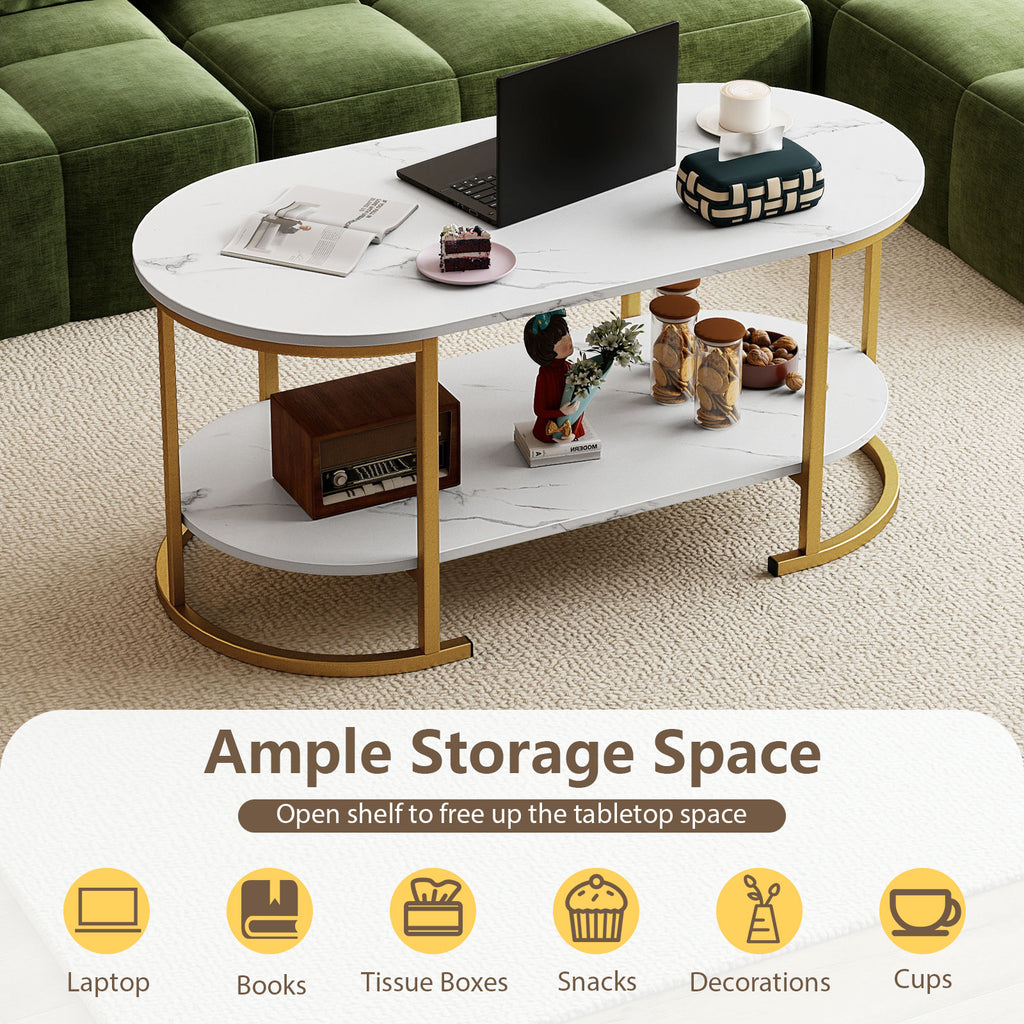 Oval Coffee Table 2-Tier with Storage Shelf - White