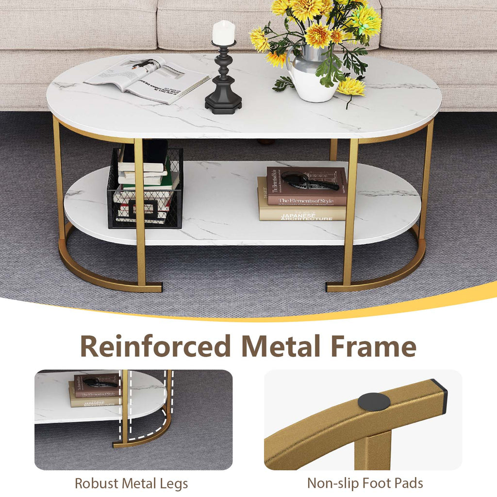 Oval Coffee Table 2-Tier Wooden Accent Table - White