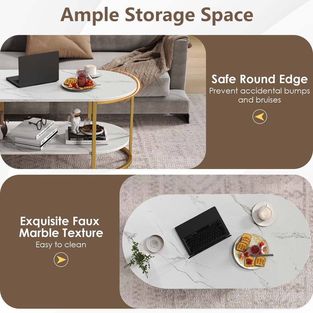 Oval Coffee Table 2-Tier Wooden Accent Table - White
