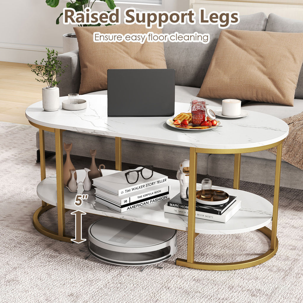 Oval Coffee Table 2-Tier Wooden Accent Table - White