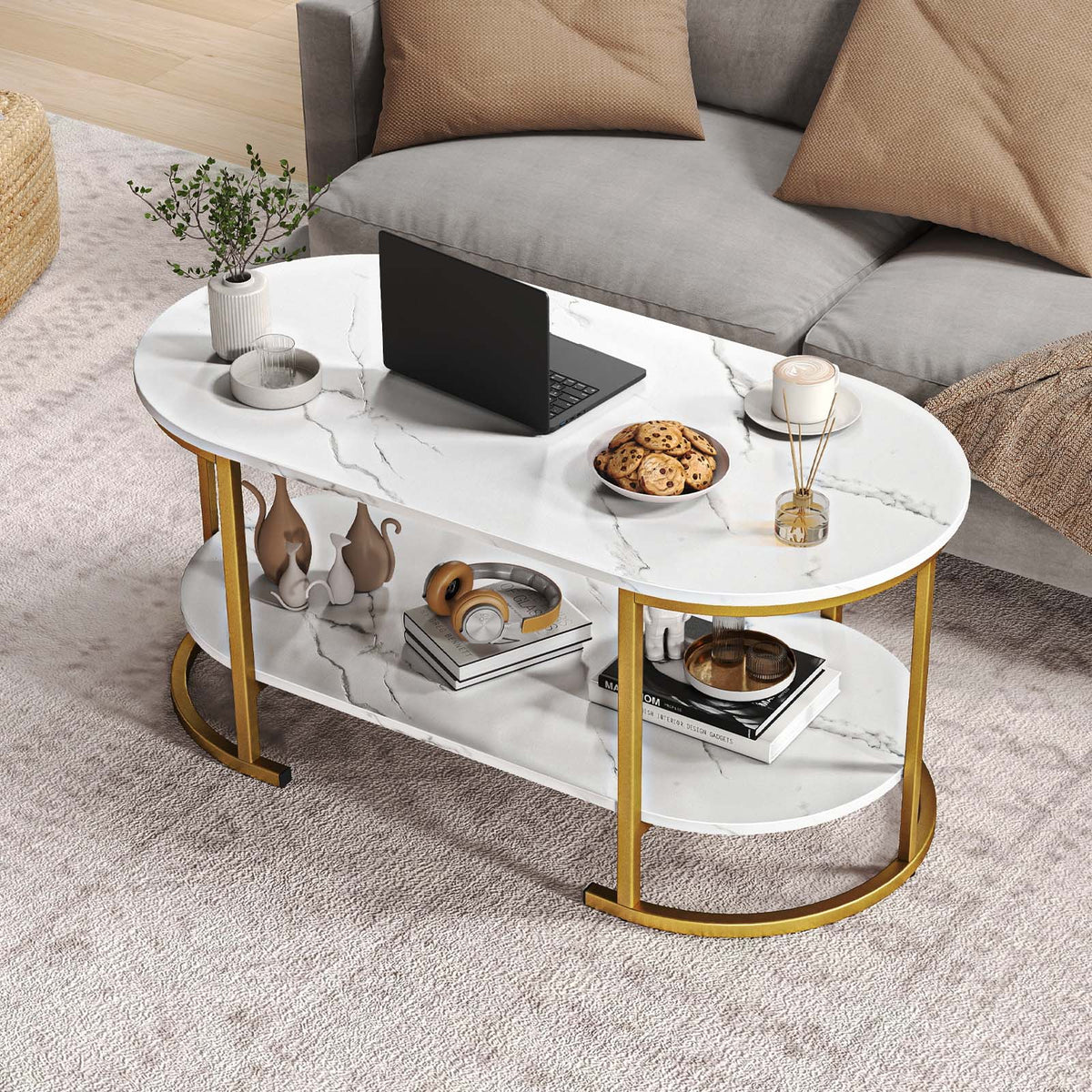 Oval Coffee Table 2-Tier Wooden Accent Table - White