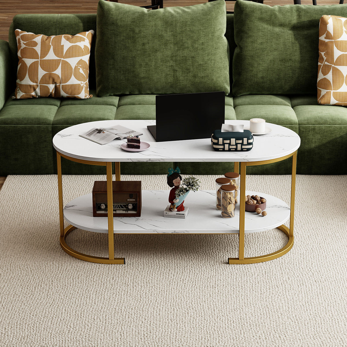 Oval Coffee Table 2-Tier with Storage Shelf - White