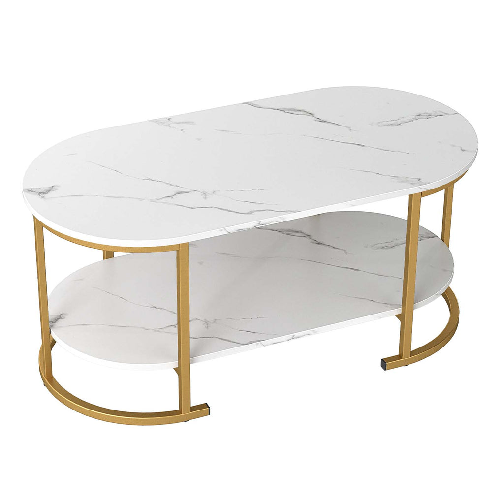 Oval Coffee Table 2-Tier with Storage Shelf - White