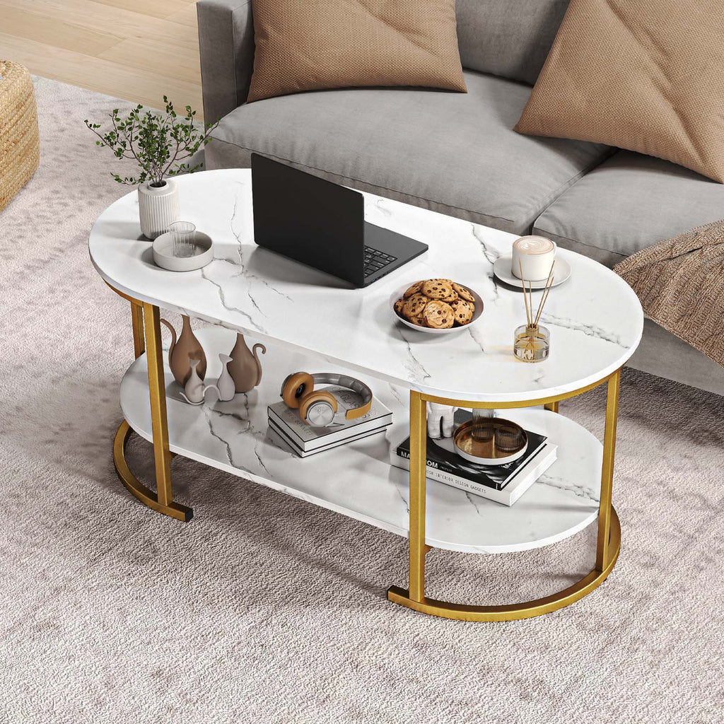 Oval Coffee Table 2-Tier with Storage - Black