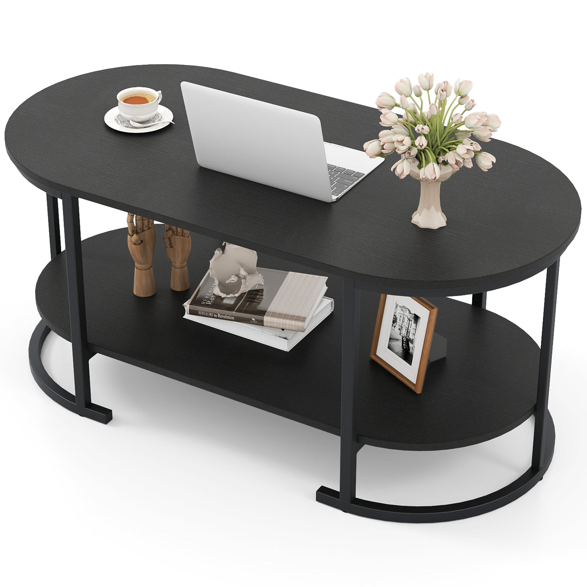 Oval Coffee Table 2-Tier with Storage - Black