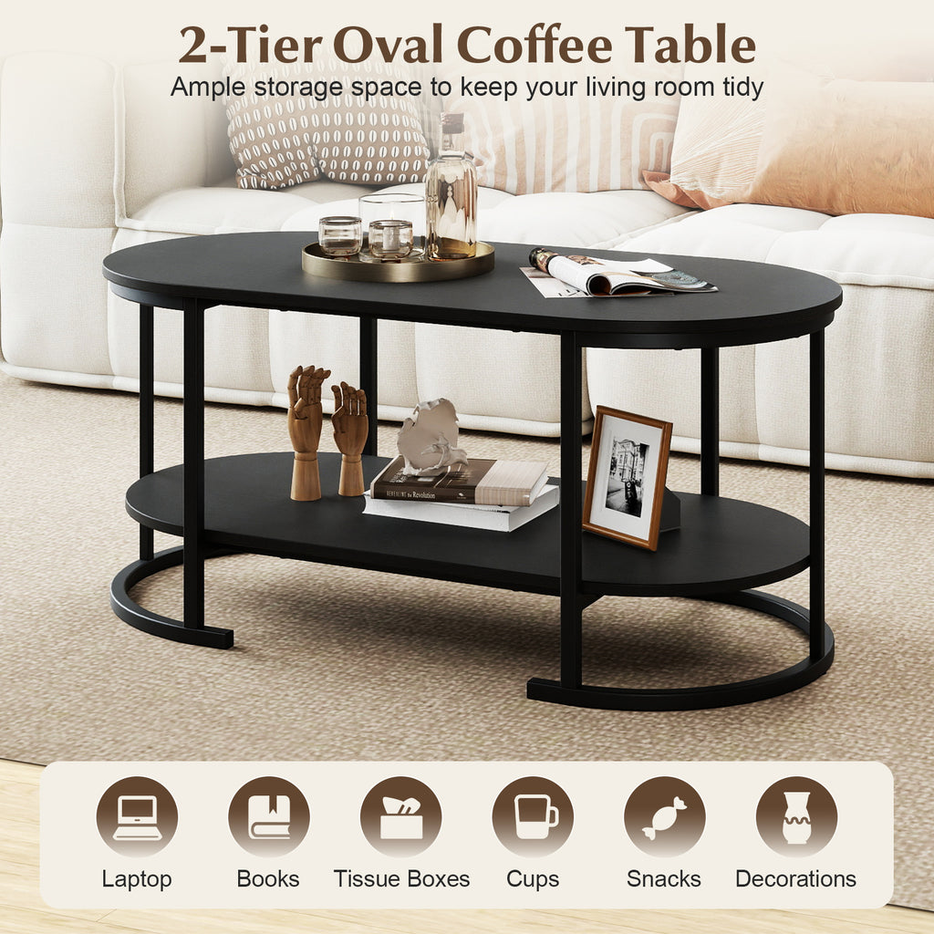 Oval Coffee Table 2-Tier with Storage - Black