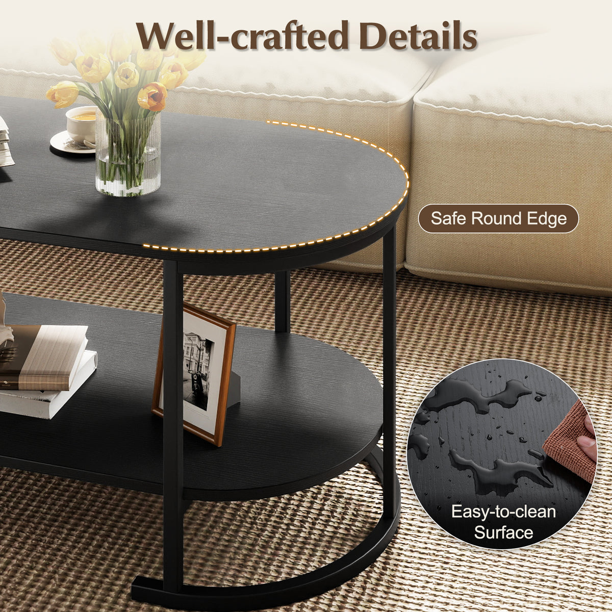 Oval Coffee Table 2-Tier with Storage - Black