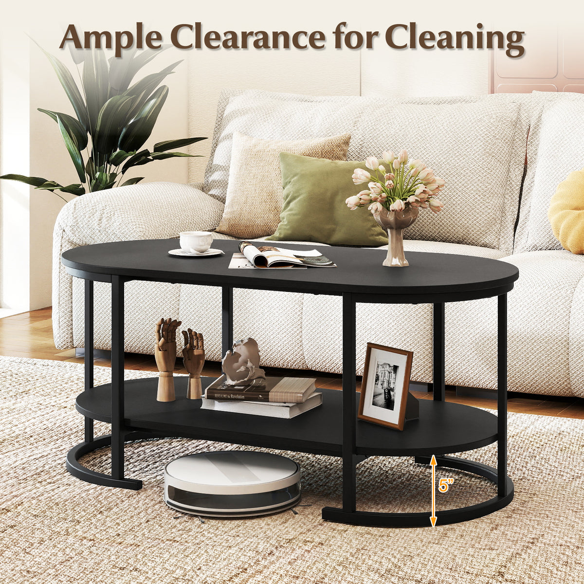 Oval Coffee Table 2-Tier with Storage - Black