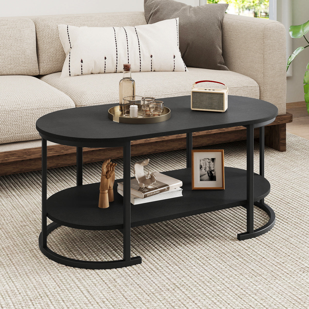 Oval Coffee Table 2-Tier with Storage - Black