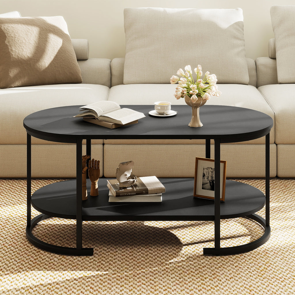 Oval Coffee Table 2-Tier with Storage - Black