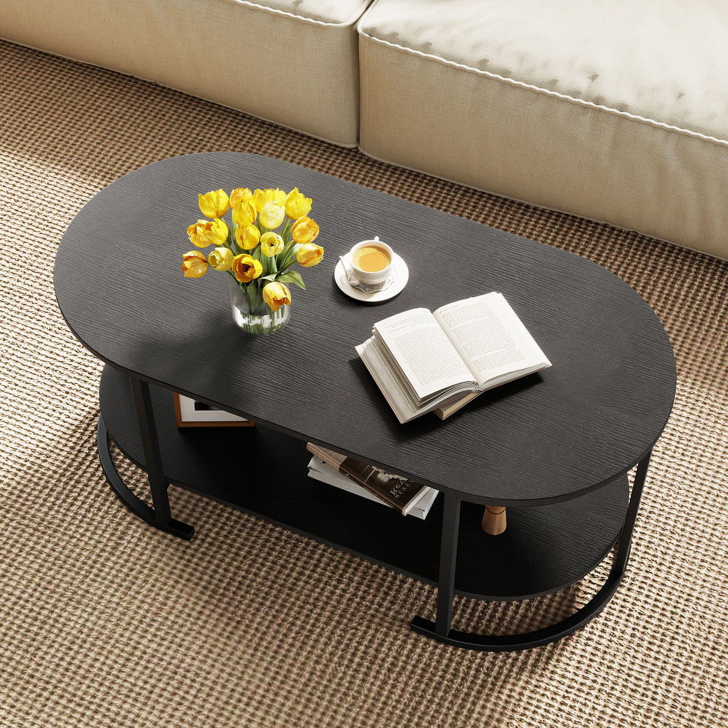 Oval Coffee Table 2-Tier with Storage - Black