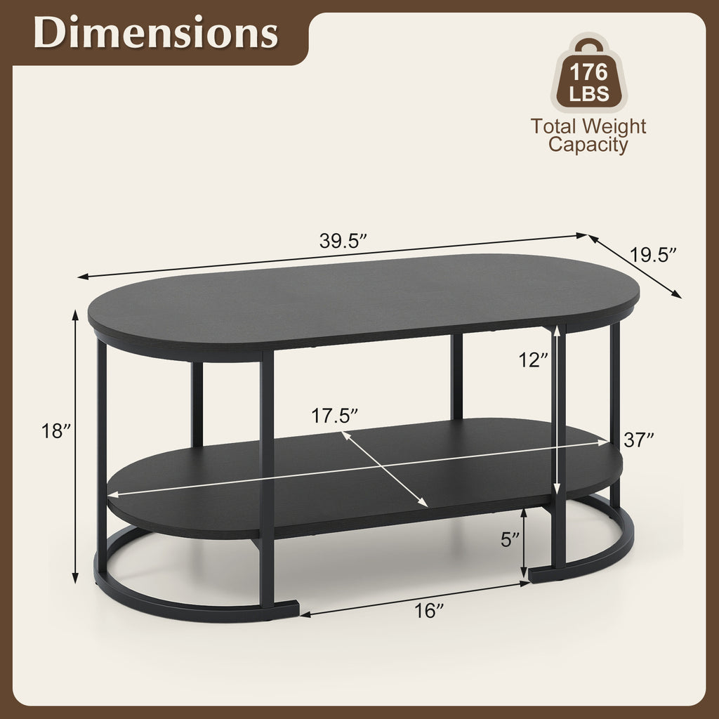 Oval Coffee Table 2-Tier with Storage - Black